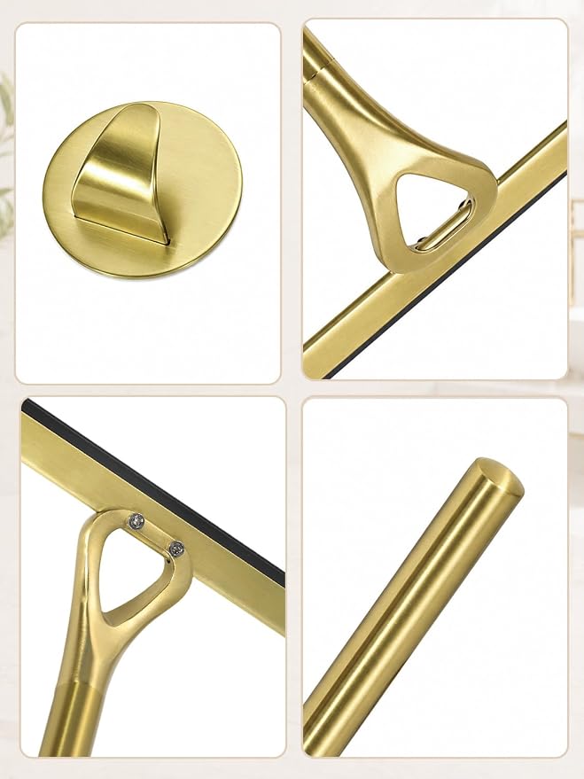 Gold Squeegee for Shower Glass 8.9x8.7in Brushed Stainless Steel | Shower Squeegee for Glass Doors,Leaves No Streaks, Rust-Resistant, Multi-surface Cleaning, Non-slip Handle, Comes with a Hook