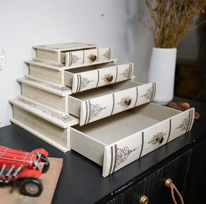 Vintage Book Storage Box with Drawer, Natural Linen-Textured Cover with Classic Frame Pattern, Hidden Organizer for Jewelry, Keepsakes or Desktop Use 7″ x 5″ x 1.6″