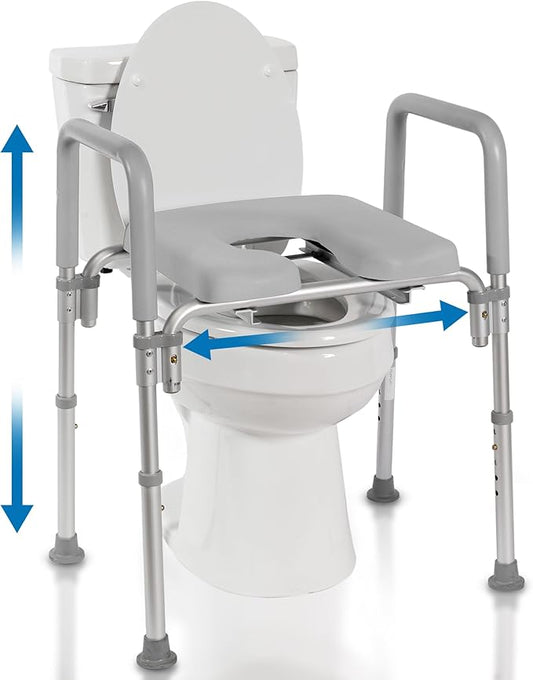 Ultimate Raised Toilet Seat with Handles, Padded, Armrests, Adjustable Height, Premium Elevated Toilet Seat for Elderly Bathroom Safety with Arms, Standard and Elongated Toilets, Gray
