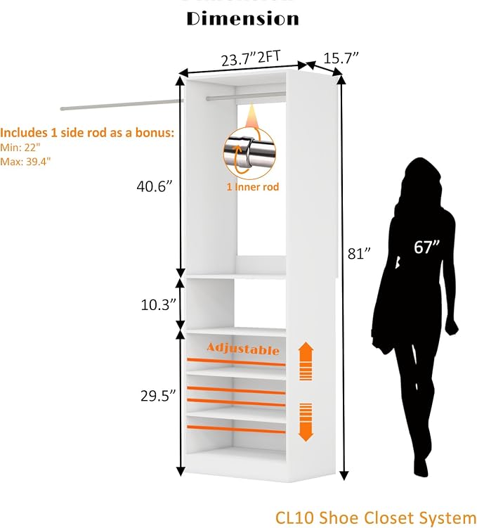 Closet System with Shelves, 2FT Wood Closet Organizer System Walk-in Closet Storage Shelf with Hanging Rods Freestanding White (2FT)