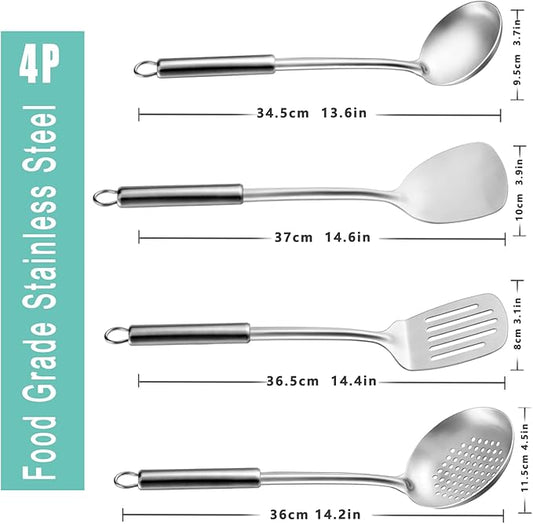 Pleafind Cooking Utensils Set - 4 Pcs Stainless Steel Kitchen Utensils, Wok Utensils Set Includes Spatula, Slotted Spatula, Ladle, Slotted Spoon, Ergonomic Handle & Heat Resistant, Dishwasher Safe