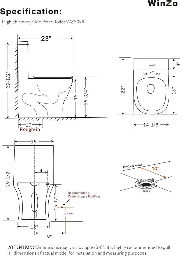 WinZo Small One Piece Toilet with 10" rough-in Compact Modern Dual Flush For Tiny Short Bathroom Powder Room White