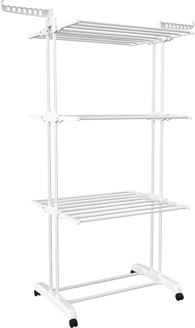 HOMIDEC Clothes Drying Rack, 4-Tier(67.7" H) Foldable Drying Rack Clothing | Foldable Stainless Steel Drying Rack, Movable Laundry Drying Rack with 4 Castors and 14 Hooks for Bed Linen, Clothing, White