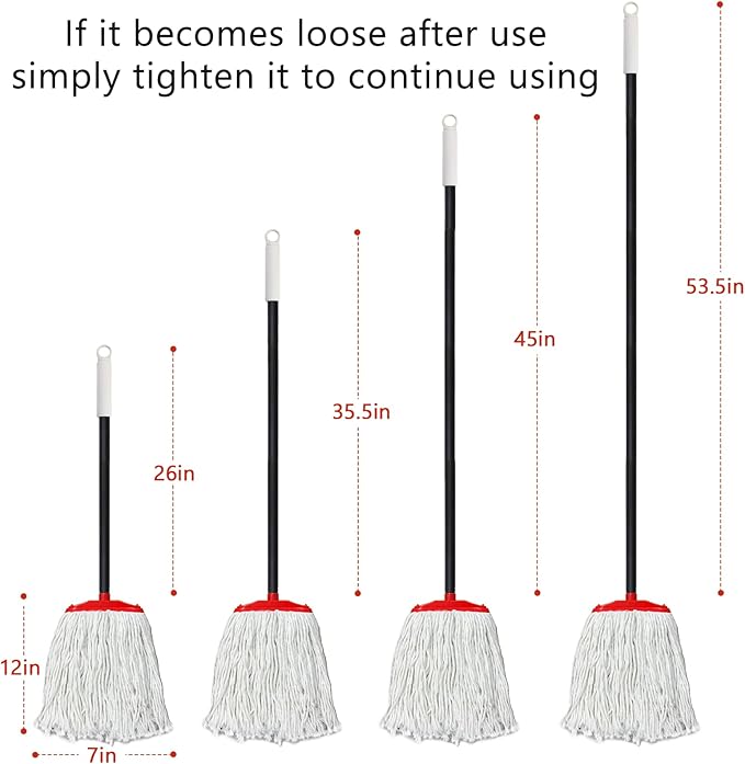 Indoor Cotton Mops for Floor Cleaning - Indoor Cleaning Mop for Wood Floors, Tile, Hardwood Floor, 52" Adjustable Iron Handle Regular Mops to Clean Living Room, Kitchen, and Bathroom. (Red