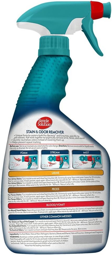 Simple Solution Pet Stain & Odor Remover, Enzyme Stain Cleaner, 32oz | Dog Stain & Odor Remover, Pet Urine Enzyme Cleaner, Dog Urine Carpet Cleaner, Pet Odor Eliminator, Floral Fresh Scent