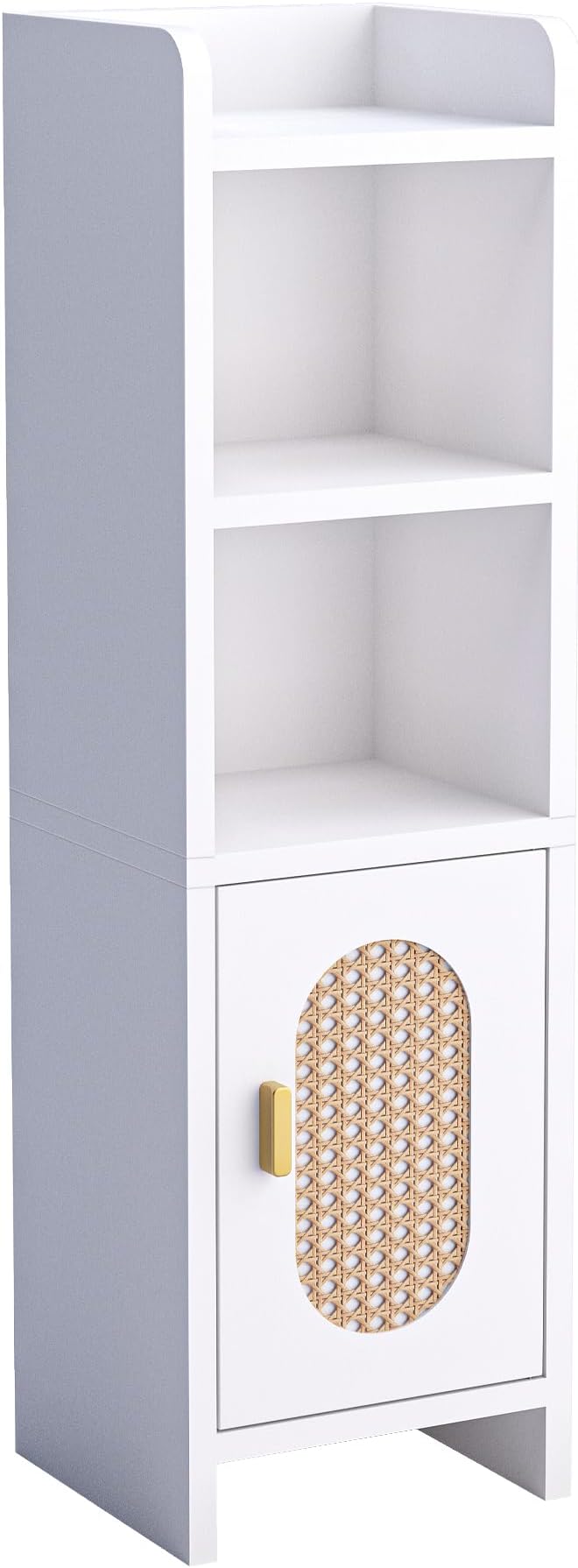 Small Bathroom Storage Cabinet, Narrow and Slim Storage Cabinet with Rattan Door and Adjustable Shelves, Corner Floor Bathroom Organizers and Storage for Small Space, White HSC001W