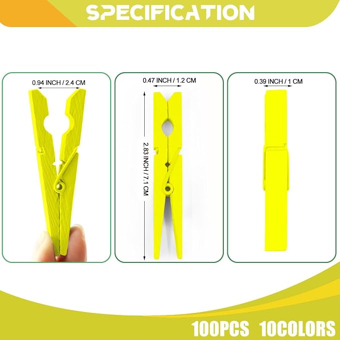 100 Pcs Yellow Clothes pins - 2.9 Inch Wooden Clothespins Cheer Clips | Vibrant for Crafts Classroom Decorations Clothing Pictures Laundry Solid Wood No Splinters Fade‑Proof