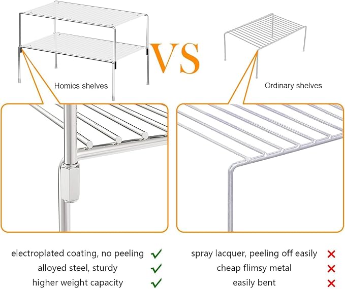 Set of 2 Kitchen Cabinet Organizer Shelves, Stackable Organizer and Storage for Cabinet Cupboard, Expandable Shelf Risers Plate Rack with Anti-slip Plastic Liner