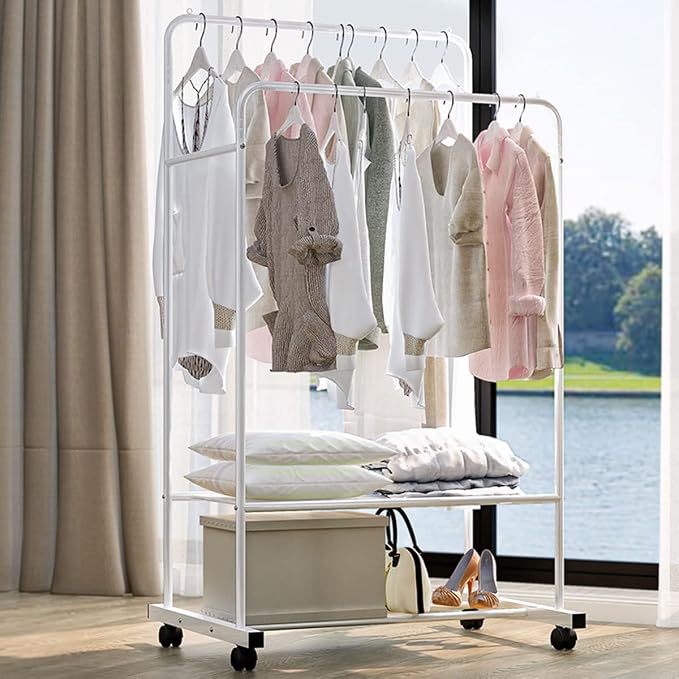Clothing Garment Rack with Shelves, Upgraded Length Cloth Hanger Rack Stand on Wheels, Clothes Drying Rack with Two Rod(31.5inch White)