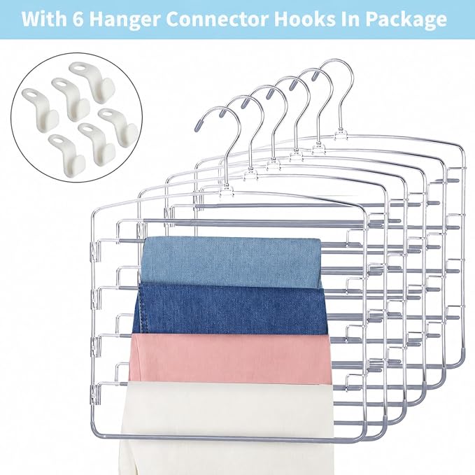 Pants Hangers 6 Pack 5 Layers Multi Functional Pants Rack Swing Arm Space Saver Hanger for Trousers Jeans Towels Scarf (Grey)