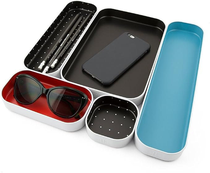 Three by Three Seattle Metal Drawer Organizer Tray Set, 5-Pc, 1" (Multi) | Colorful 1" metal bins; food-safe; soft non-scratch base; kitchen, bathroom, vanity, desk & office drawers
