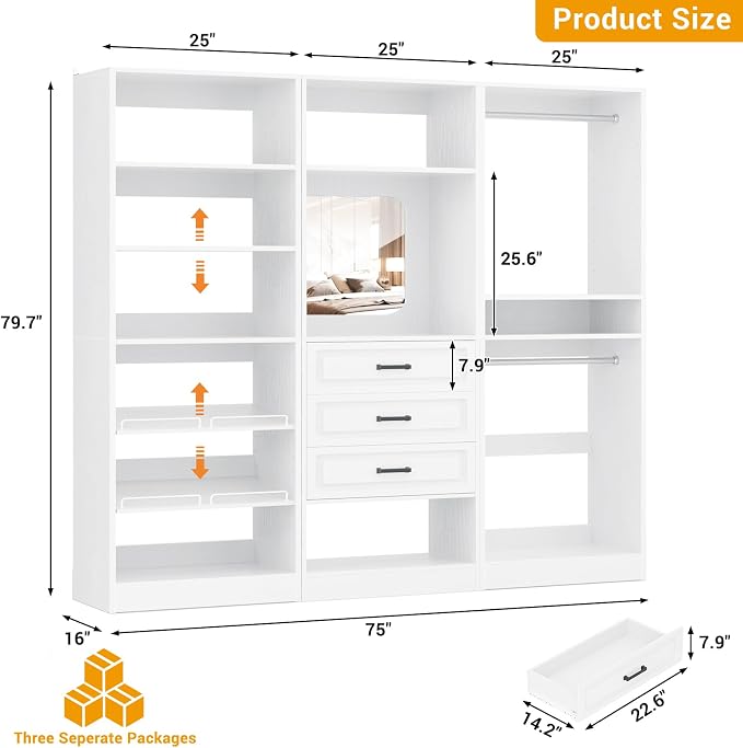 Unikito Modular Closet System with 3 Sets, 75”Closet Organizer System with Drawers, Mirror, Hanging Rods and Adjustable Shelves, Freestanding Wood Wardrobe Garment Rack, Walk in Closet Tower, White