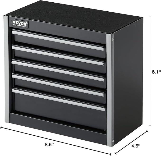 VEVOR Metal Tool Box, 8.6-inch, Portable Metal Tool Box with 5 Drawers, Small Tool Chest with EVA Liners and PP Feet Pads, Heavy-Duty Steel With Ball Bearing Opening and Powder Coated Finish, Black