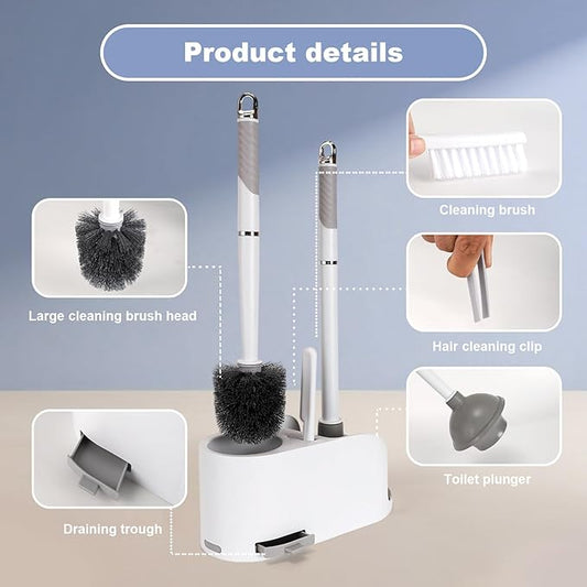 Toilet Brush and Plunger Set 4 in 1 Toilet Brush and Holder with Crevice Cleaning Brush and Clip Deep Cleaning, Wall Mounted Home Bathroom Cleaning Tool Combo (Gray 1)