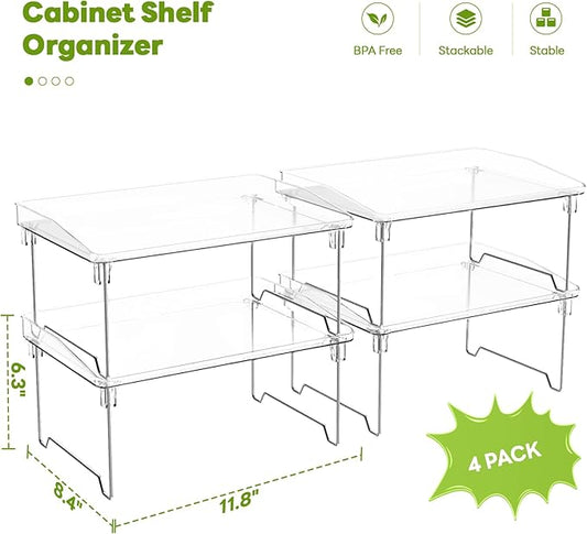 STARLATTA Acrylic Cabinet Organizer Shelf,4 Pcs Stackable Kitchen Counter Shelves,Spice Rack,Countertop Organizers,Clear Plastic Storage Organization for Makeup,Bathroom,Cupboard,Desk,Pantry