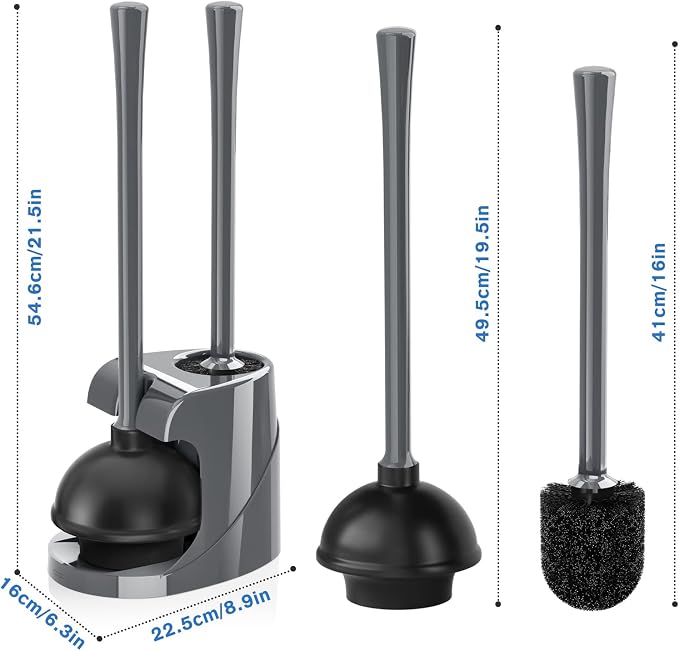 TRENTI Toilet Plunger and Brush with Holder, Bowl Brush and Heavy Duty Toilet Plunger Set for 5.7-inch Toilet Drain, 2-in-1 Bathroom Cleaning Combo with Modern Caddy Stand (Gray) | Toilet Plunger and Brush with Holder, Bowl Brush and Heavy Duty Toilet ...