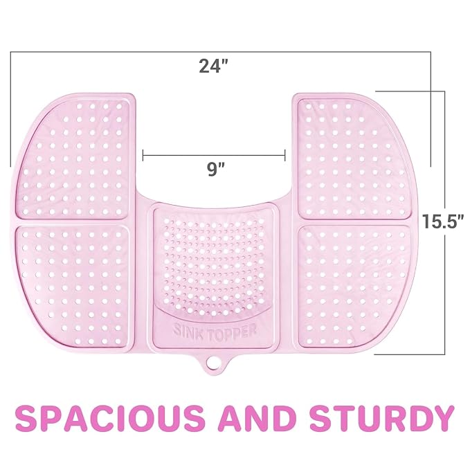 Sink Topper Bathroom Sink Cover for Counter Space, Large Pink | Holds up to 7 lb on a steel frame; fits over basins 19-23 in; 480°F silicone; foldable makeup mat; countertop extender