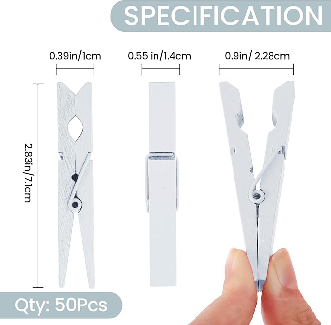 50PCS White Wooden Clothespins 2.9 Inch Color Clothes Pins for Pictures | Colorful Close Pins Wood for Photos Classroom School Decoration Craft Cheer