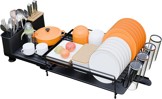 Large Dish Drying Rack - Expandable Dish Drying Rack with Utensil Holder & Cup Holder,Auto-Drain Multifunctional Dish Racks for Kitchen Counter with Drainage,Black
