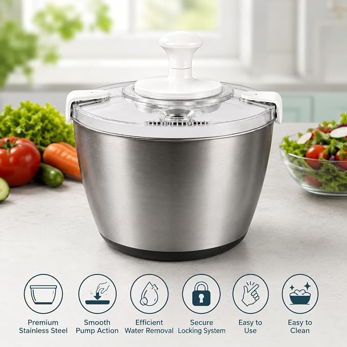 Stainless Steel Salad Spinner Large Capacity 5Qt β Hand Crank Vegetable Washer & Dryer with One-Touch Stop, Drainage Spout, Non-Slip Base β Dishwasher Safe Kitchen Tool for Lettuce & Fruit