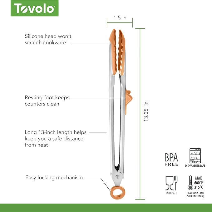 Tovolo Tongs With Silicone Tips Easy Grip 13” Long Kitchen Tongs Stainless Steel Handle For Cooking BBQ, Non Scratch Heat Resistant Metal Silicone Tipped Dishwasher Safe BPA Free Apricot Orange
