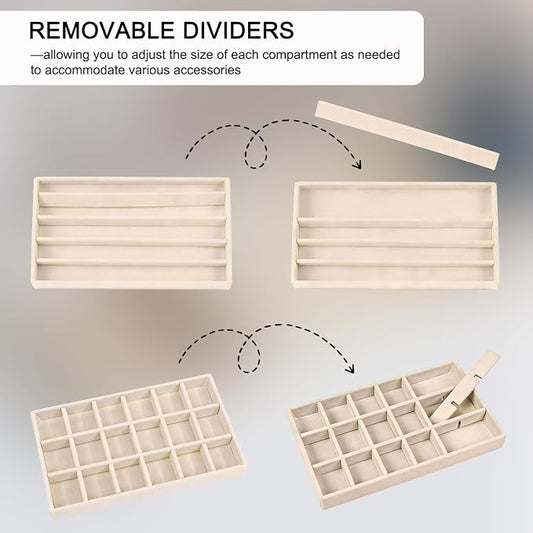 6-Piece Velvet Jewelry Organizer for Drawer with Removable Dividers | Stackable Jewelry Trays, Drawer Organizer Inserts Set with 2 Cleaning Cloths for Women Dresser Vanity