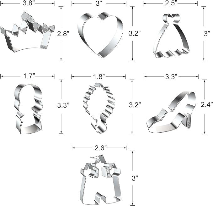 Princess Cookie Cutter Set - 7 Piece - Crown, Heart, Castle, Dress, Mirror, Princess, High Heel Cutters Shapes Fondant Biscuit Molds - Gifts for Mom Wife Sister Female Friends Girlfriend Nurse Her