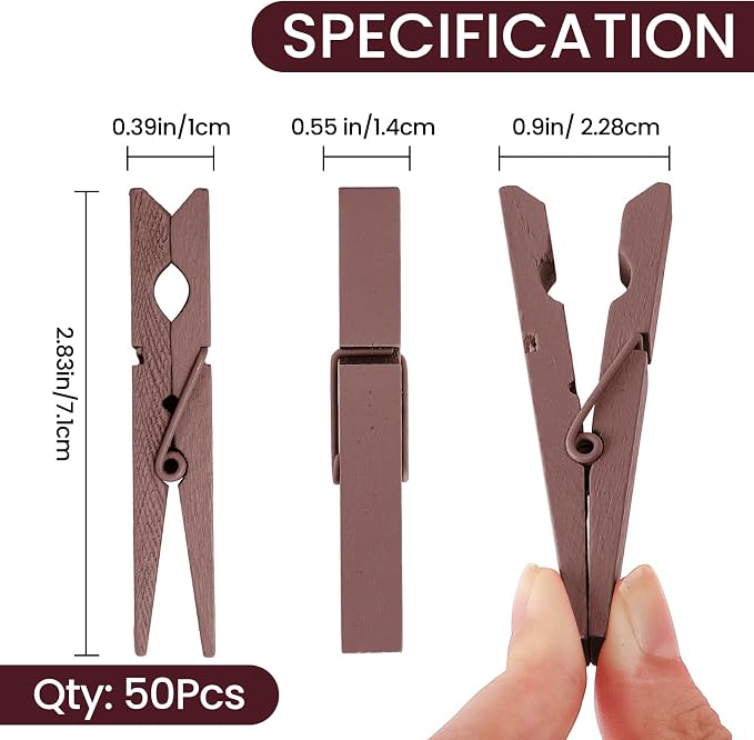 50PCS Colored Wooden Clothespins 2.9 Inch Color Clothes Pins for Pictures | Colorful Close Pins Wood for Photos Classroom School Decoration Craft Cheer, Brown