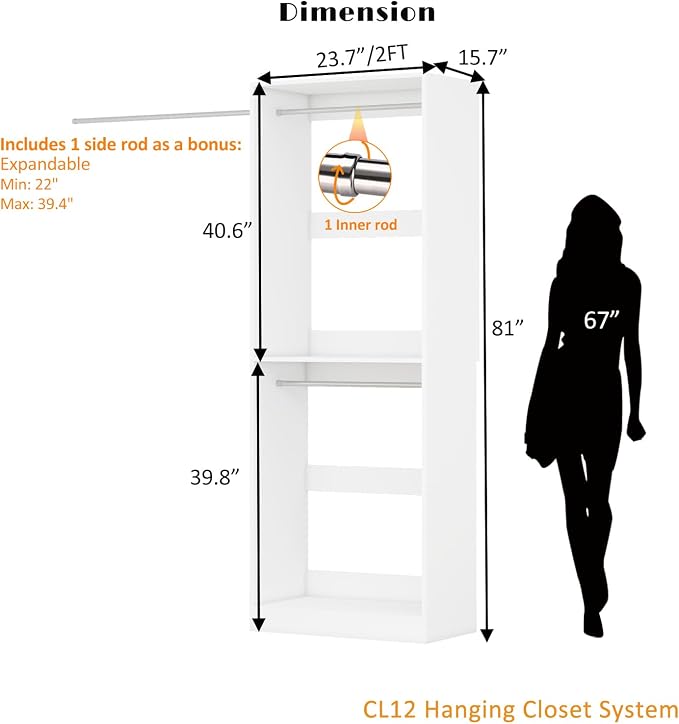 Closet System, 2FT Wood Closet Organizer System Small Walk-in Closet Standalone Corner Closets Shelf Storage with Hanging Rods, Modular Closet Systems White (2FT)