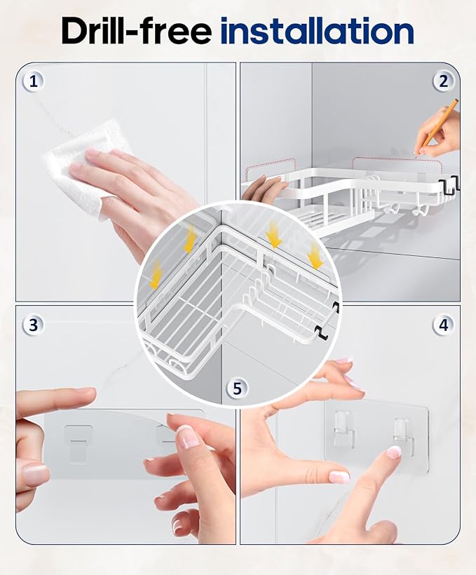 3 Pack Corner Shower Shelves, Rustproof Shower Organizer Caddy | No Drilling Shower Organizer Corner Exclusively for 90 Degree Right-Angle Walls with Hooks and Toothpaste Holder, White