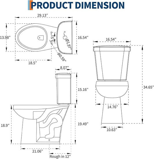 Two Piece Toilet with 19" ADA Height, Elongated Ceramic Bowl and Locking PP Lid -Dual Flush, CUPC Certified, Water Efficient