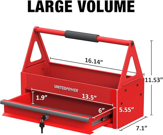 UNITEDPOWER Handy Tool Box With 1 Drawer,Portable Metal Tote Tray with comfortable grip handle, Tool Organization for Household, Warehouse, Repair Shop, Red