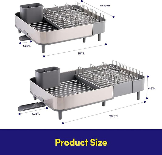 Dish Drying Rack Countertop Expandable Dish Drainer — Up to 20.5" Telescoping Premium Extending Drying Station Organizer with Drainboard, Removable Utensil Holder — Dish, Silverware & Cup Storage Gray