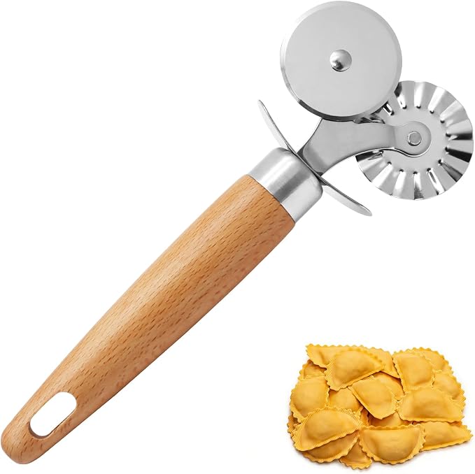 Pastry Cutter Tool, Pasta Cutter Wheel with Double Wheel Design & Comfortable Wooden Handle - Perfect for Pasta, Pizza, Ravioli & Cookie Making