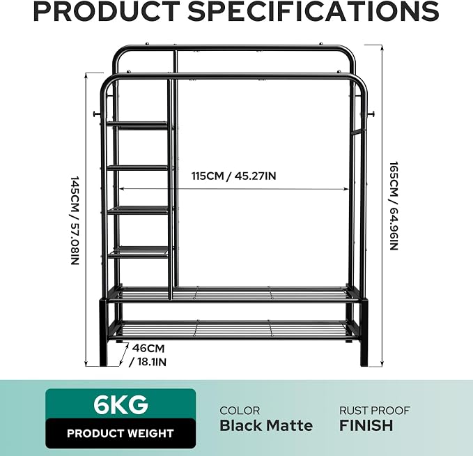 Clothes Rack, Double Rods Clothing Rack with 2 Bottom Shelves & 4 Side Shelves, Metal Garment Rack for Hanging Clothes, Heavy Duty Clothes Rack for Bedroom, Laundry, Living Room, Black