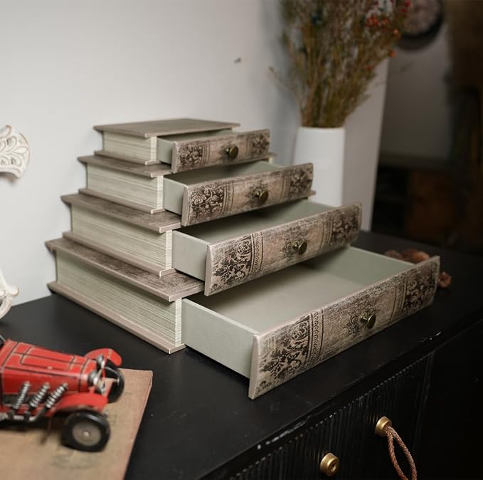 Vintage Book-Shaped Storage Box with Drawer, Distressed Vintage Brown Faux Leather Finish and Gothic Medallion Motif, Decorative Hidden Organizer for Home or Office 11.8″ x 8.7″ x 2.4″