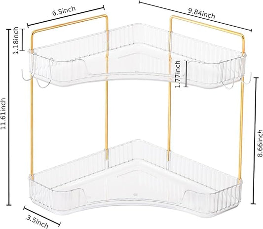2-Tier Corner Bathroom Organizer Countertop with Hooks, Bathroom Sink Corner Vanity Storage for Makeup, Skincare and Perfume (White Gold)