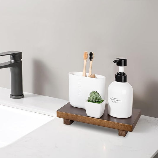 Bathroom Counter Organizer Wood Pedestal Stand Farmhouse Decorative Tray Soap Holder for Kitchen Decor, 9" x 6" - Walnut