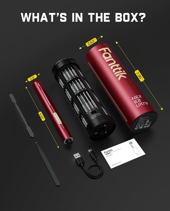 Fanttik E2 Ultra Electric Screwdriver, Precision Screwdriver Set (Red) | 50 Magnetic Bits, 5/32''Hex Shank, 0.6N.m, RevoStor Magnetic Storage, Repair Kit for PC, Phone, 3D Printer, RC Cars, Drone