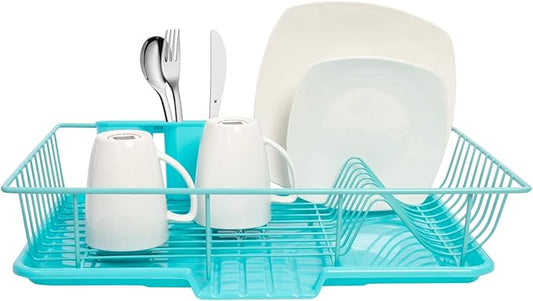 Sweet Home Collection Dish Rack Drainer 3 Piece Set with Drying Board and Utensil Holder, 5"D x 12"W x 17"H, Turquoise