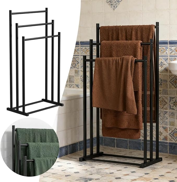 3-Tier Metal Towel Rail, Freestanding Towel Holder, Floor Standing Design, Black for Bathroom, Clothes Airer & Bathroom Accessories, Modern and Stable for Bedroom, Bathroom (Black)