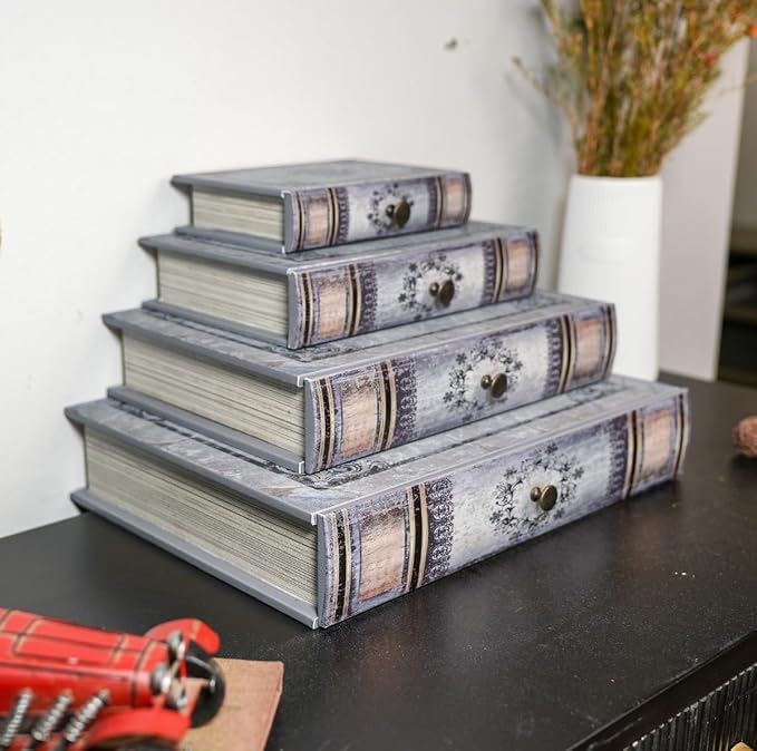 Vintage Book Storage Box with Drawer, Distressed Gray Faux Leather Cover with Ornate Baroque Design, Hidden Organizer for Jewelry or Office Bookshelf Decor 11.8″ x 8.7″ x 2.4″