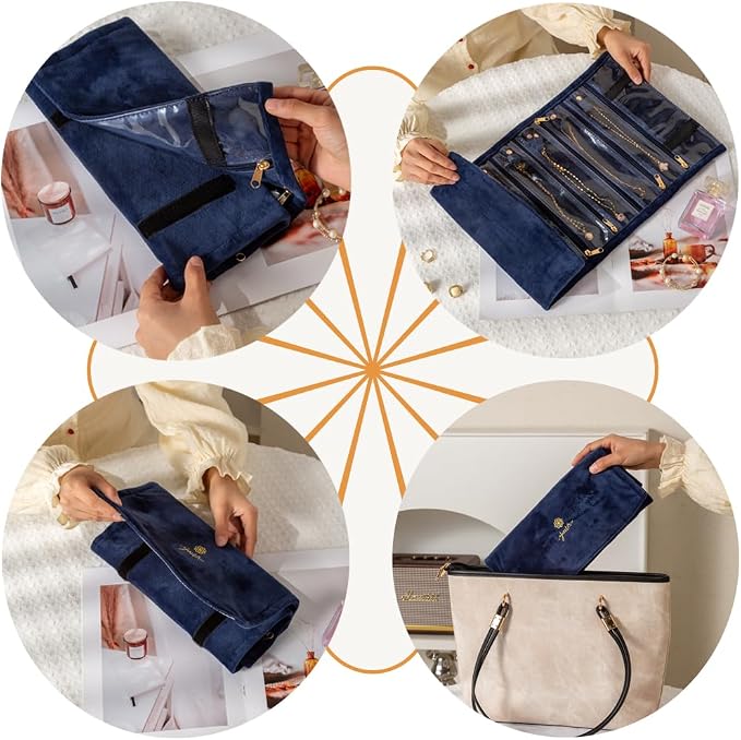 Jewelry Roll Case-Portable travel organizers and storage Soft Velvet travel case with Zippered, Compact Storage for Earrings, Rings, Necklaces, Studs for Women (Blue, 9 Pockets)