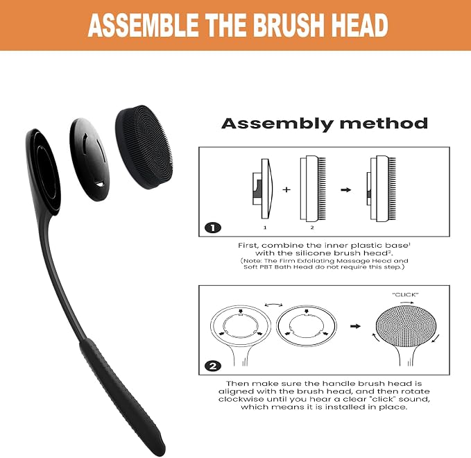 Long Handle Back Scrubber for Shower with 3 Interchangeable Heads-Black | Ergonomic Curved Handle,Non-Slip Silicone Grip,Premium Gift Box,Use in Wet and Dry,Cleaning and Exfoliation