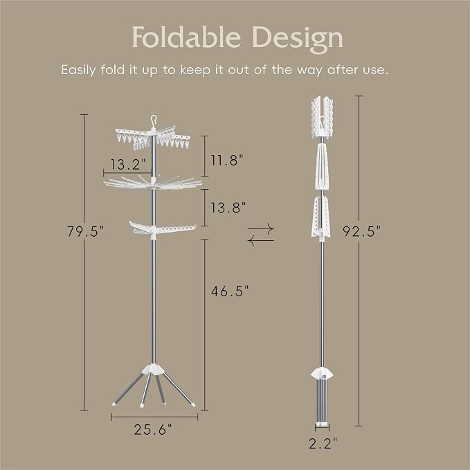 Beaudaily Clothes Drying Rack, Foldable 79.5-Inch Laundry Drying Rack,3 Tie, with Rotatable Arms, Stainless Steel, Holds 27 Clothes,8 Towels and 24 Clips for Hanging Socks, White and Silver