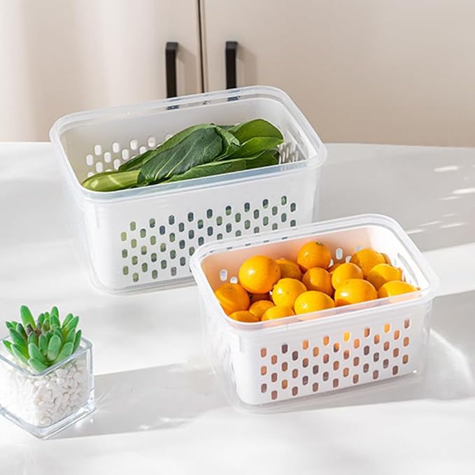 2 Pack Fruit Storage Containers for Fridge,Leakproof Food Storage Containers with Removable Colanders and Lid Produce Containers Keep Fruits Vegetables Berry and Meat Fresh longer(Clear White)