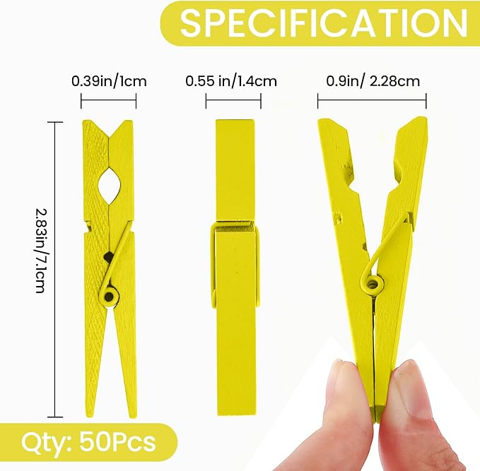 50PCS Colored Wooden Clothespins 2.9 Inch Color Clothes Pins for Pictures | Colorful Close Pins Wood for Photos Classroom School Decoration Craft Cheer, Yellow