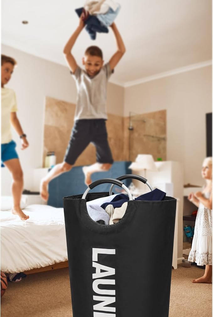 Maxsilan 90L Large Laundry Basket Bag, Collapsible Tall Hamper, Black | Freestanding tall laundry bag & foldable washing basket. Large capacity clothes storage bin with durable sturdy handles