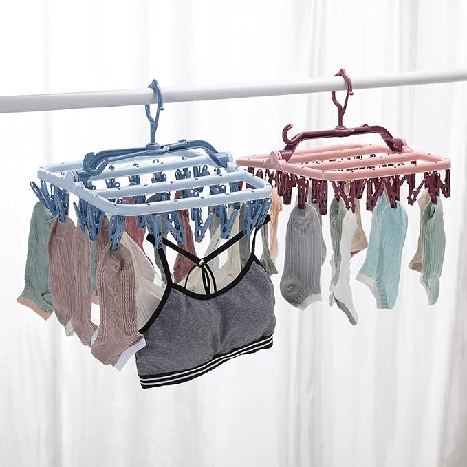 Foshine Clothes Drying Racks Foldable Clip Hangers Plastic with 32 Clips | Wind-Proof Hook Underwear Hanger For Socks Bras Pink