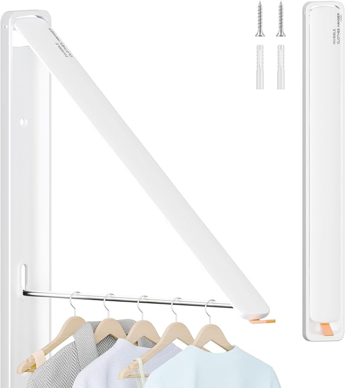 Folding Clothes Hanger Rack Wall mounted for Laundry Clothes Drying Rack | Foldable Hanger Rack Laundry Hanger Dryer Rack, Easy to Install, Closet Storage Organization, Space Saving Aluminium, White